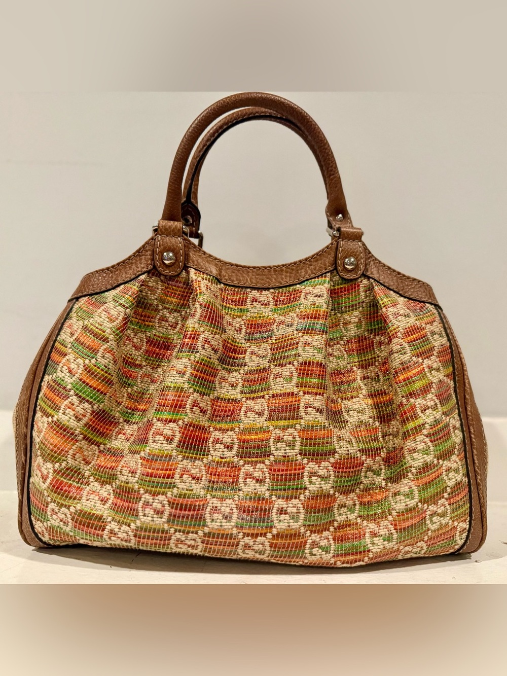 Gucci Monogram Sunset Raffia Medium Sukey Tote Bag Brown Multi NWOT - Picture 4 of 14